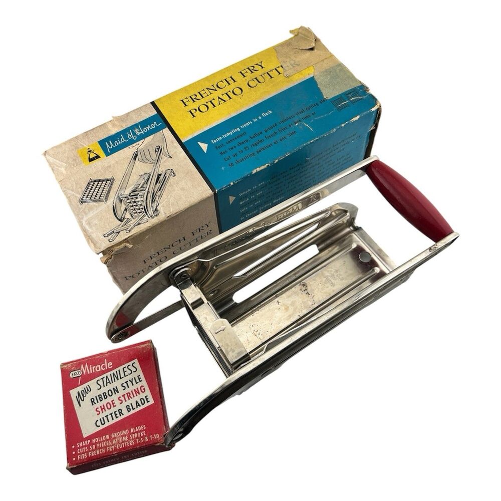 Vintage Ekco Miracle 2-in-1 French Fry Cutter Stainless Steel Red Handle USA Box